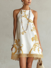Héloïse · Vestido Mini de Encaje Blanco con Motivos Dorados