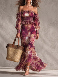 Rosanne | Robe Maxi en Mousseline, Épaules Dénudées, Rose Pâle Fleurie