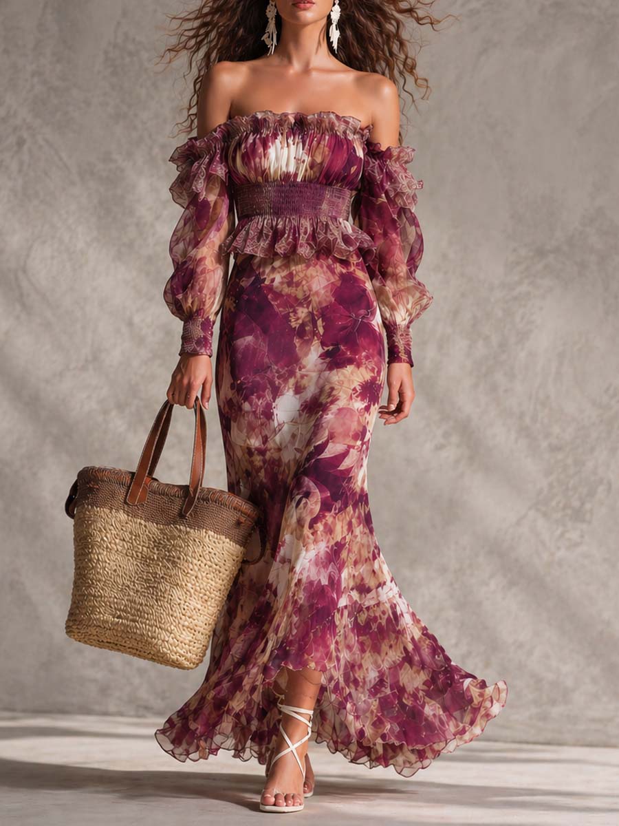 Rosanne | Robe Maxi en Mousseline, Épaules Dénudées, Rose Pâle Fleurie