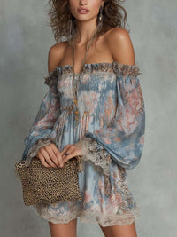 Romane · Vestido Mini de Gasa Floral con Hombros Descubiertos