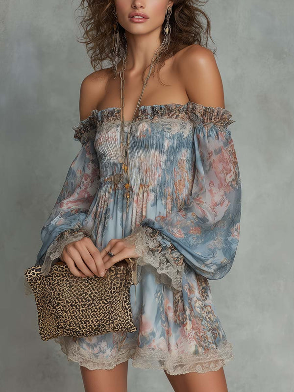 Romane · Vestido Mini de Gasa Floral con Hombros Descubiertos