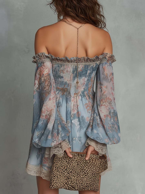 Romane | Vestido Mini de Gasa Fruncida con Hombros al Descubierto y Flores Románticas