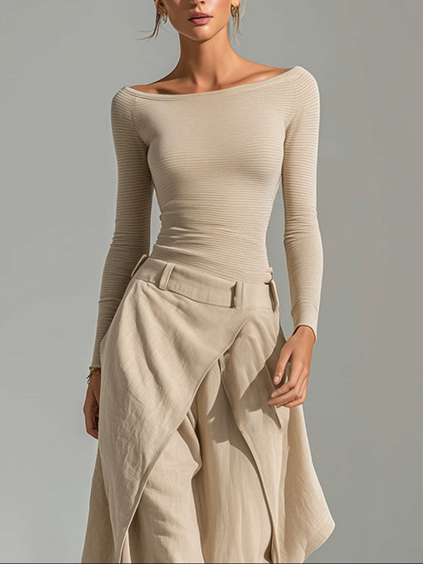 Éveline | Conjunto de top beige con cuello barco y pantalón ancho con volantes
