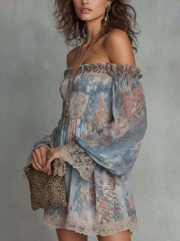 Romane · Vestido Mini de Gasa Floral con Hombros Descubiertos