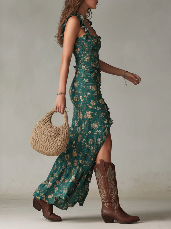 Mélodie · Vestido Largo con Estampado Verde Bohemio y Mangas de Volantes