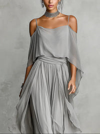 Perle · Conjunto de Gasa Gris con Top Fluido y Pantalón