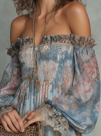 Romane · Vestido Mini de Gasa Floral con Hombros Descubiertos