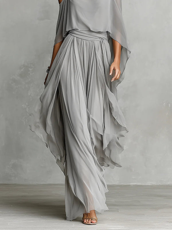 Conjunto Gris de Top Bardot y Pantalón de Gasa