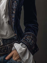 Athénaïs | Chaqueta larga vintage azul marino bordada
