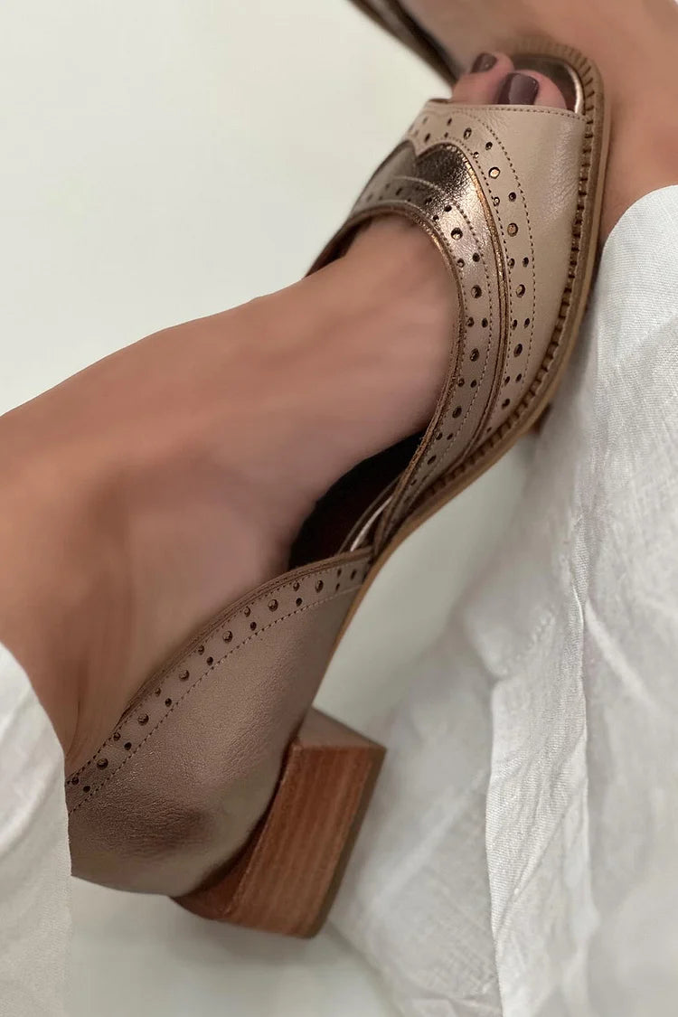 Tacones de bloque slip-on patchwork bajos Caqui de punta cuadrada