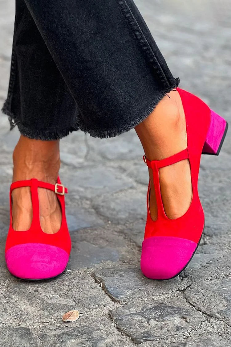 Tacones anchos patchwork Rojo de punta redonda con hebilla y correa en T