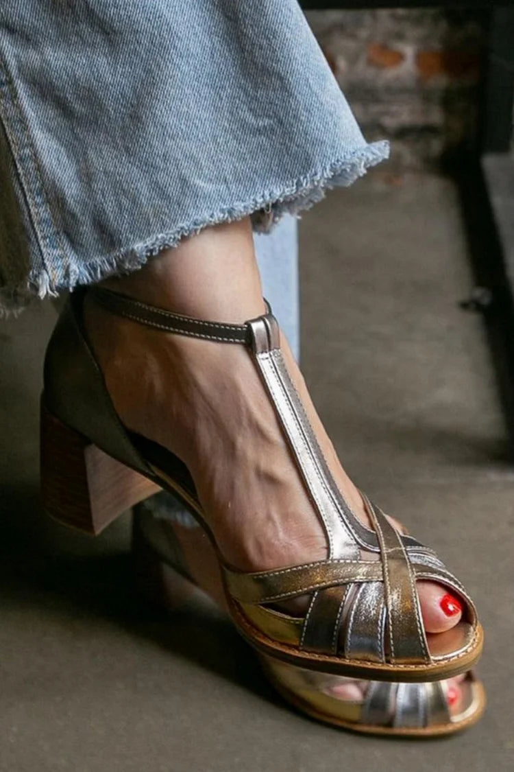 Tacones anchos punta abierta metalizados cómodos Dorado con hebilla, correa en T y correas cruzadas