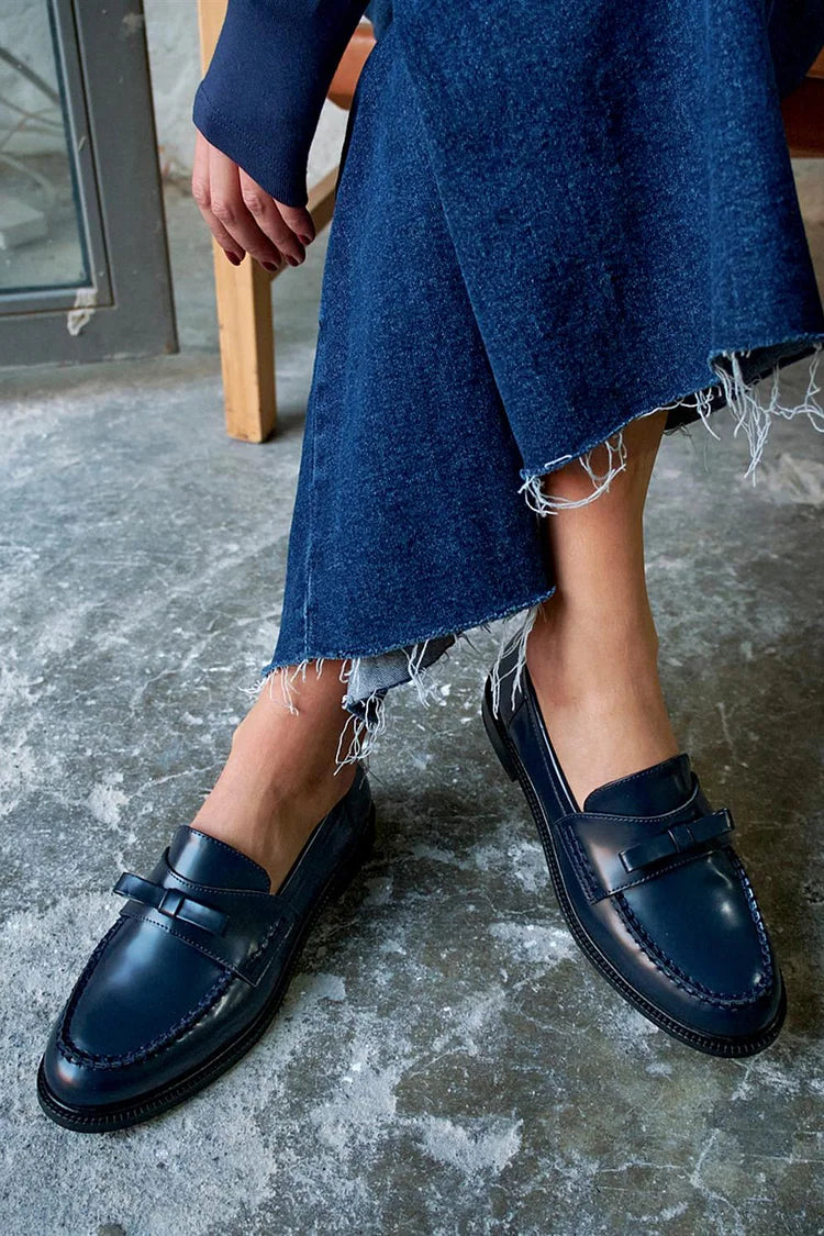 Mocasines patchwork Azul Marino de punta redonda en color liso con lazo