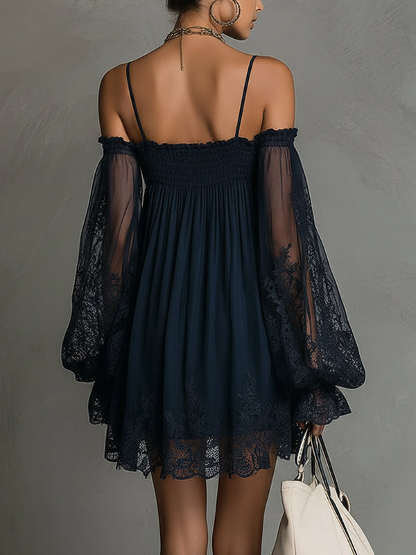 Noemi · Minivestido de Chifón Azul Marino con Escote Off-Shoulder, Encaje y Mangas Transparentes