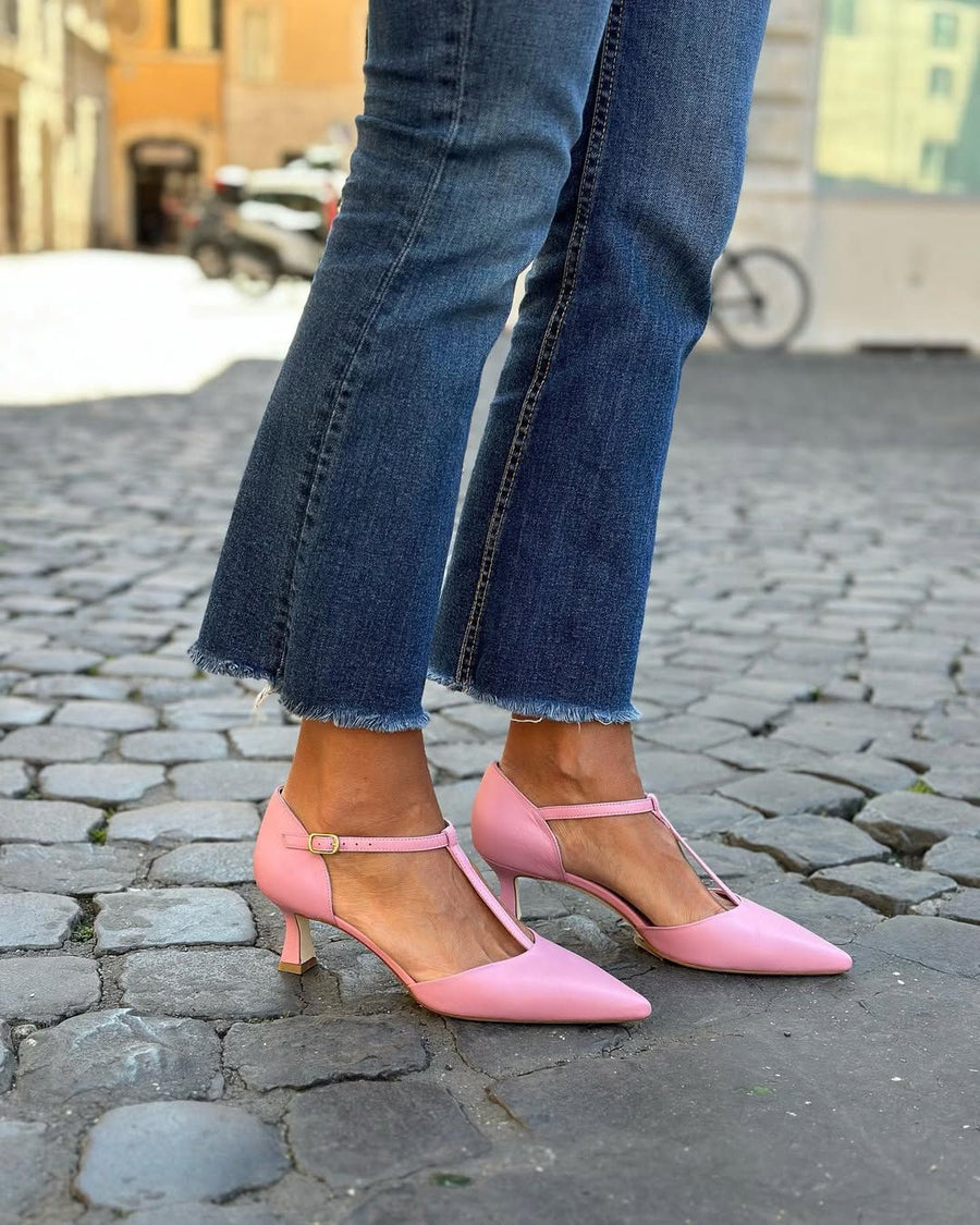Tacones Mary Jane Rosa de punta de aguja con correa en T