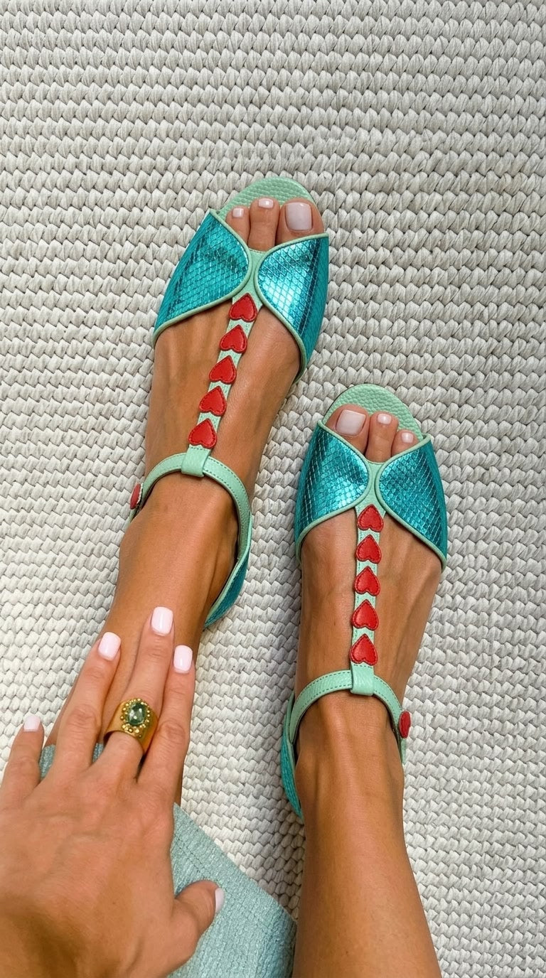 Sandalias peep toe bajos Azul Petróleo y Rojo con correa en T y corazón