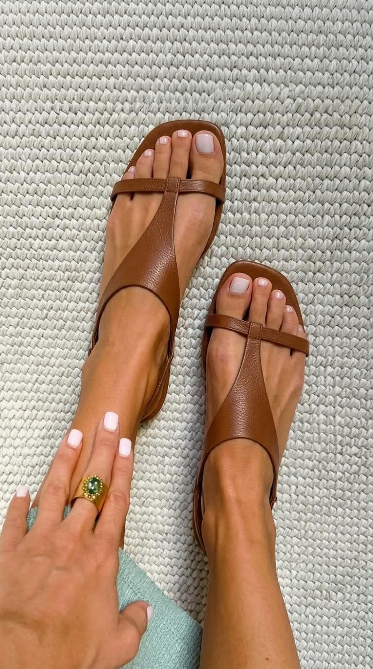 Sandalias slingback bajos Cognac de punta cuadrada en piel