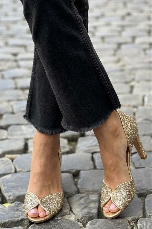 Tacones altos punta abierta d'Orsay brillanti elegantes Dorado
