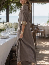 MAREN | Vestido maxi taupe de rayas en mezcla de lino™