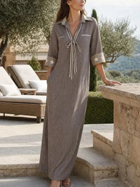 MAREN | Vestido maxi taupe de rayas en mezcla de lino™