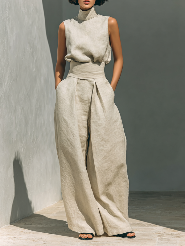 Maria™ | Conjunto completo con top de cuello alto y pantalones anchos de algodón y lino