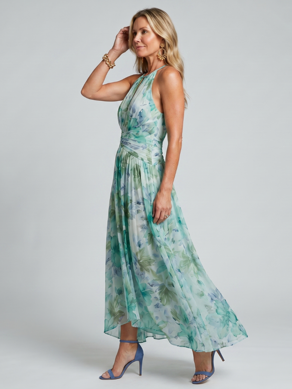 Portia · Vestido Midi de Crepé Plisado con Cuello Halter