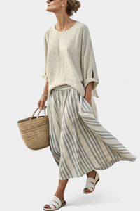 Simone | Conjunto Blusa Holgada y Falda Midi a Rayas