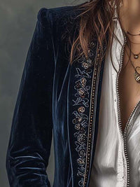 Athénaïs | Chaqueta larga vintage azul marino bordada