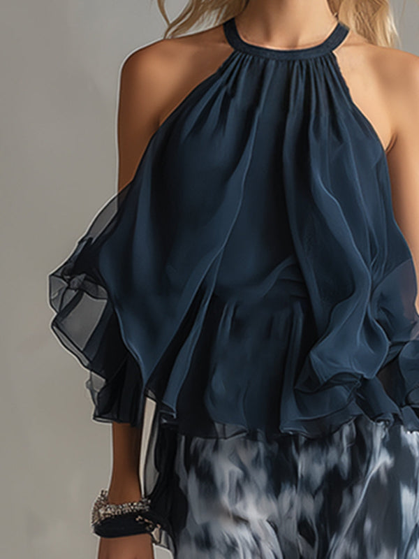 Ludovica · Conjunto de Top Halter Navy y Pantalón Palazzo Estampado