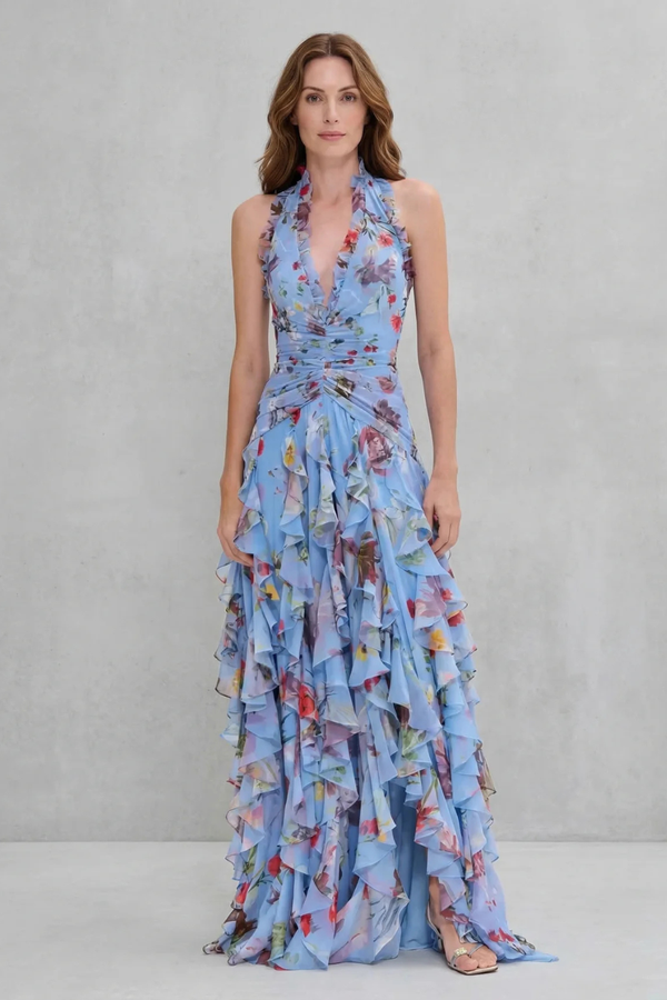 Vestido Largo Floral con Cuello Halter
