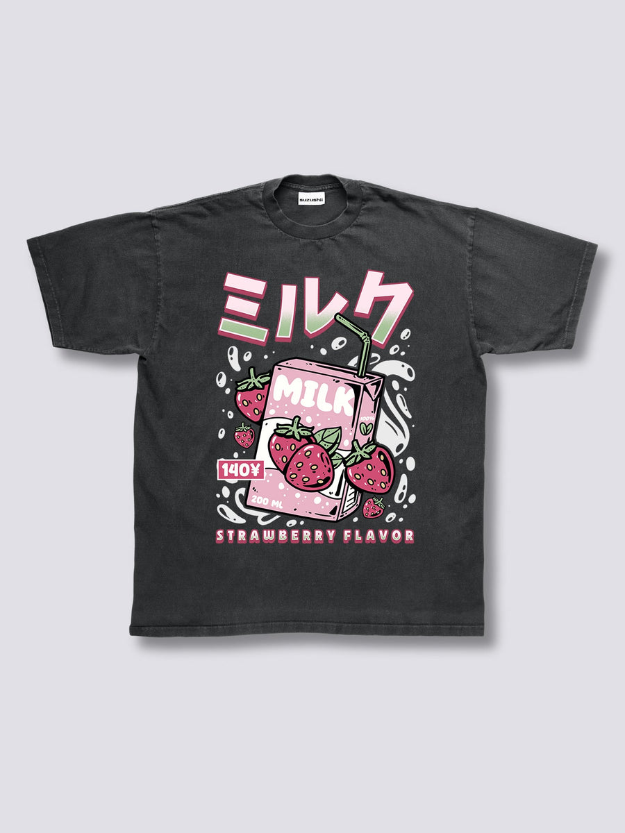Estampado Frontal - Leche de Fresa Camiseta Vintage