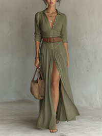 Vestido Largo con Cuello de Solapa y Manga Larga
