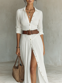 Vestido Largo con Cuello de Solapa y Manga Larga