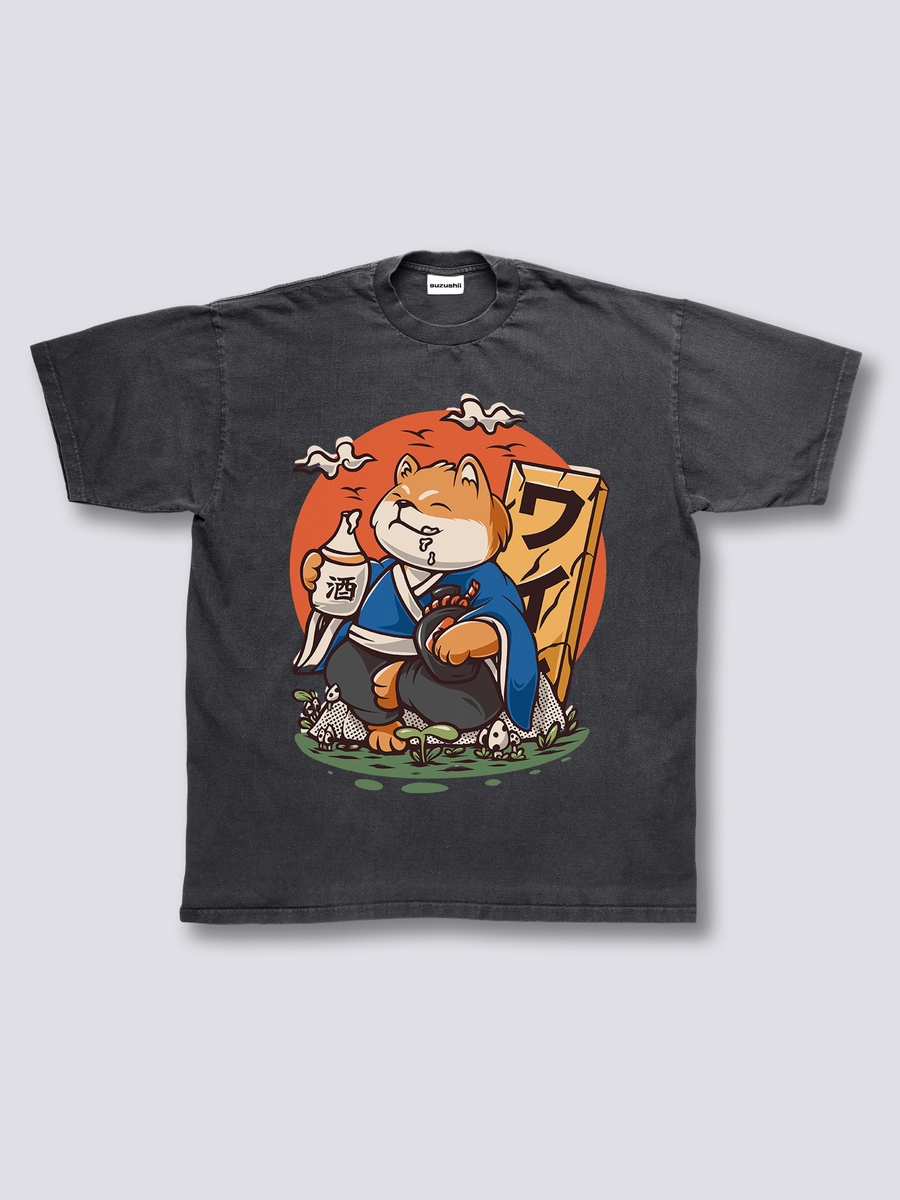 Estampado Frontal - Borracho Shiba Camiseta Vintage