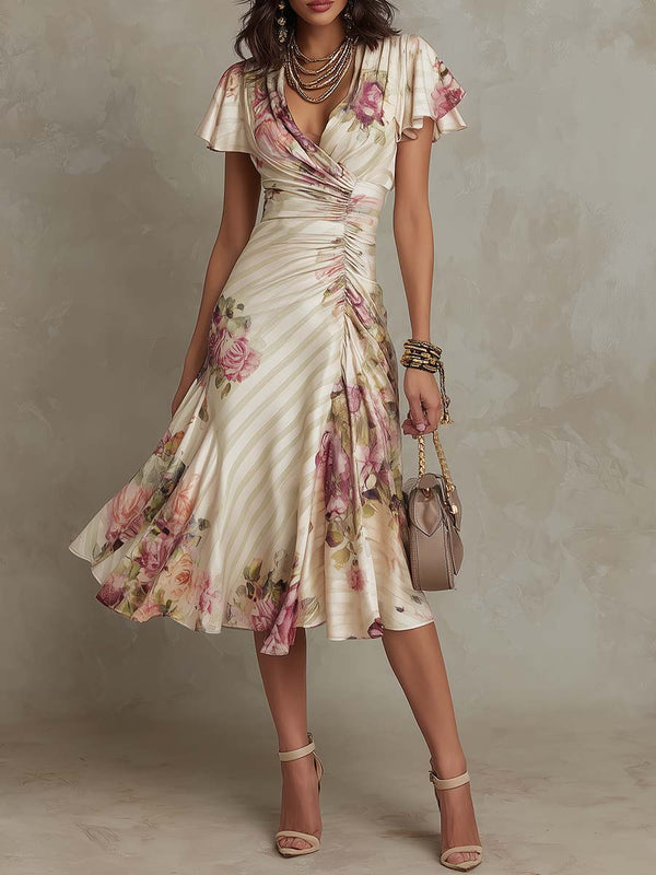 Alba · Vestido Midi Elegante Estilo Retro con Estampado Floral y Escote Cruzado