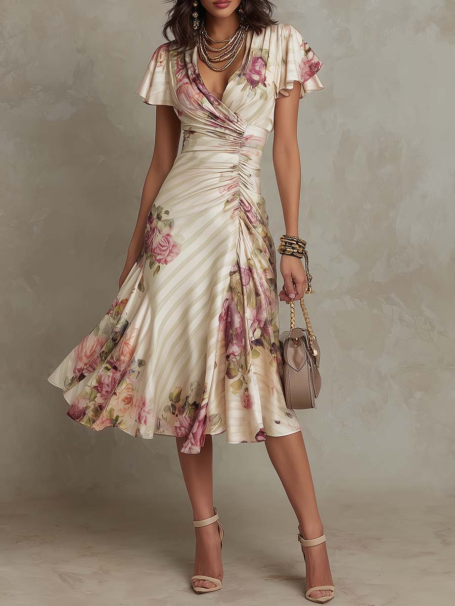 Alba · Vestido Midi Elegante Estilo Retro con Estampado Floral y Escote Cruzado