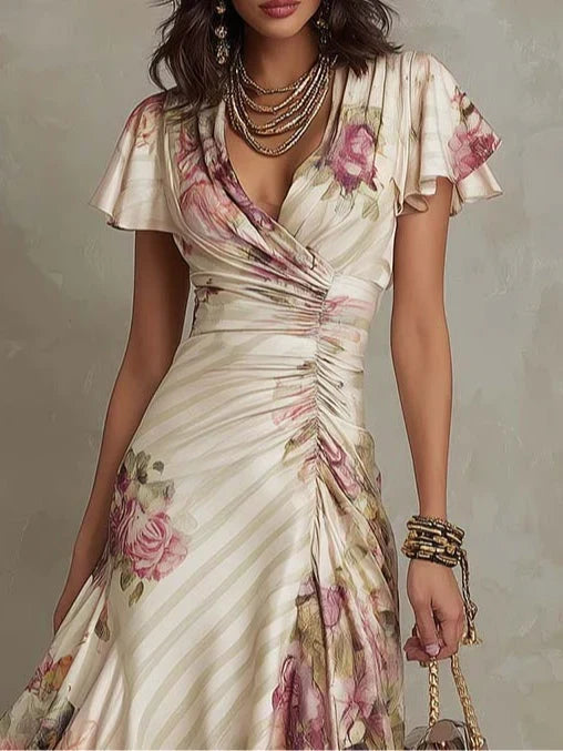 Alba · Vestido Midi Elegante Estilo Retro con Estampado Floral y Escote Cruzado