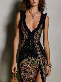 Romane | Robe Imprimée Bohème, Col en V Profond, Fente Haute