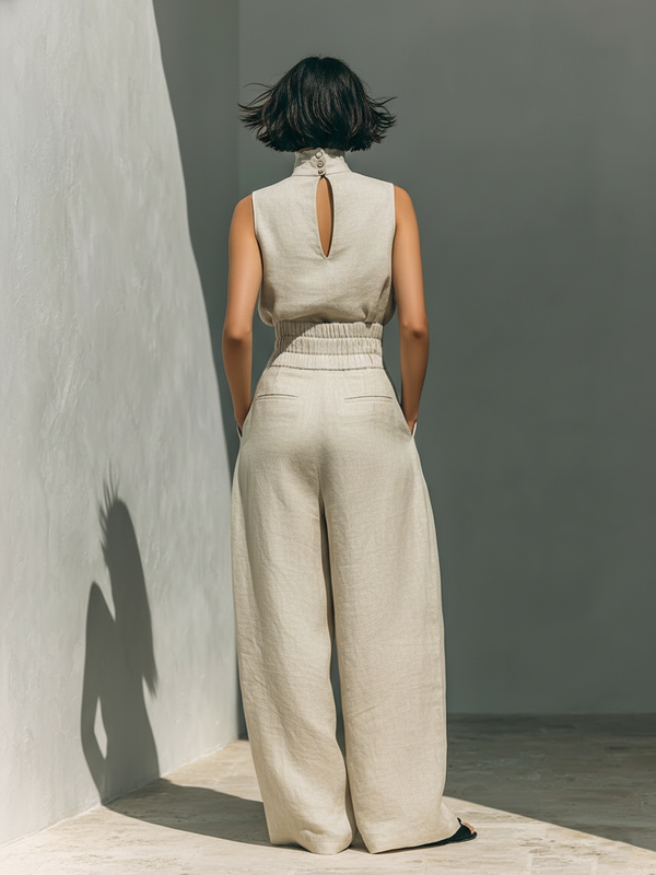 Maria™ | Conjunto completo con top de cuello alto y pantalones anchos de algodón y lino