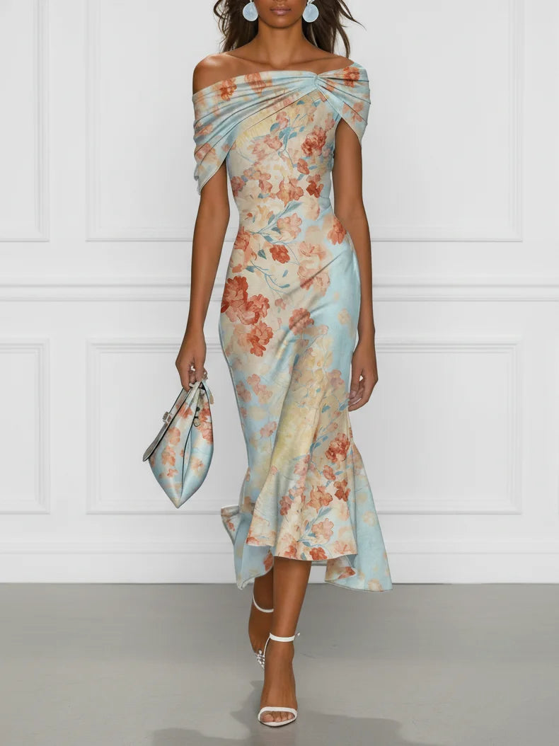 Vittoria · Vestido Midi Sirena sin Mangas Off-Shoulder con Estampado Floral Azul