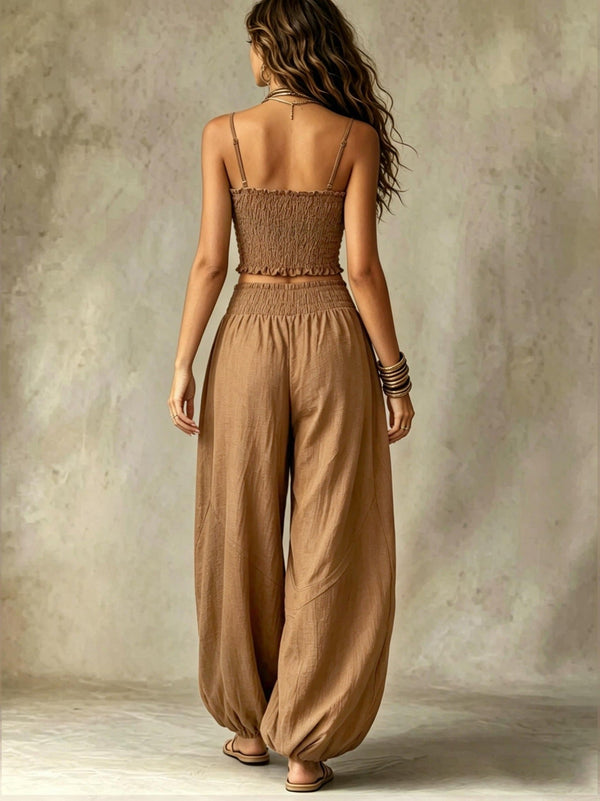 Conjunto de Dos Piezas: Top Corto Smock y Pantalón Palazzo de Pierna Ancha