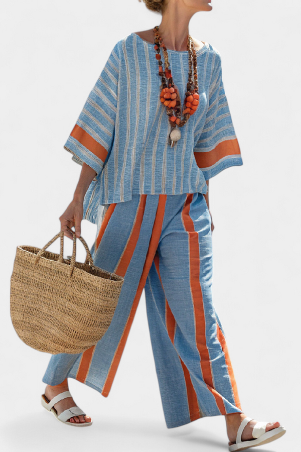 Celeste | Conjunto Top Terracota a Rayas y Pantalón de Lino