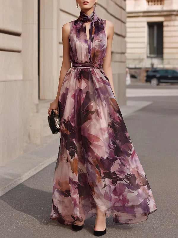 Vestido Maxi Floral sin Mangas con Cuello Lazada y Cinturón