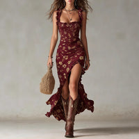 Zara · Vestido Maxi Boho Floral Fruncido con Abertura Lateral