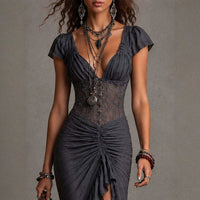 Vestido Midi con Corsé de Encaje, Fruncido y Abertura