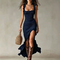 Jane · Vestido Maxi Boho Fruncido con Abertura Lateral