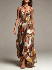 Vestido Maxi con Estampado Abstracto, Cuerpo Smock y Volantes por Niveles