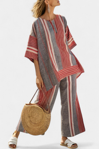 Annalise | Conjunto Top Coral-Gris de Lino y Pantalón Ancho
