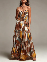 Vestido Maxi con Estampado Abstracto, Cuerpo Smock y Volantes por Niveles