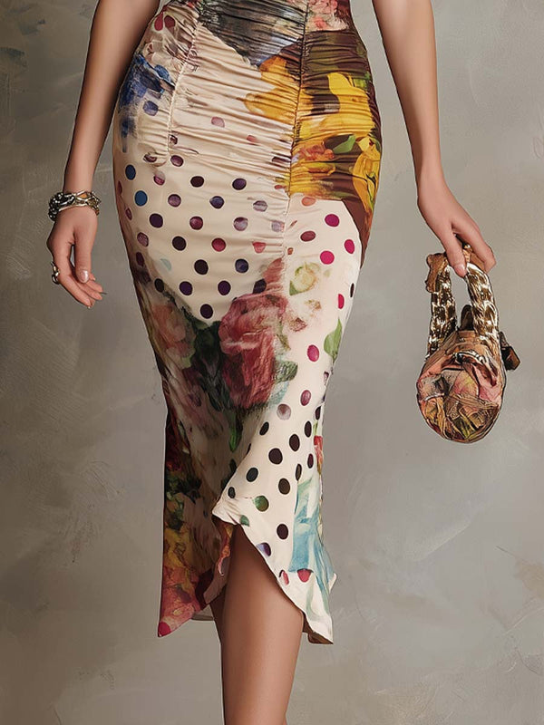 Vestido Midi Bodycon Fruncido con Estampado Mixto y Encaje